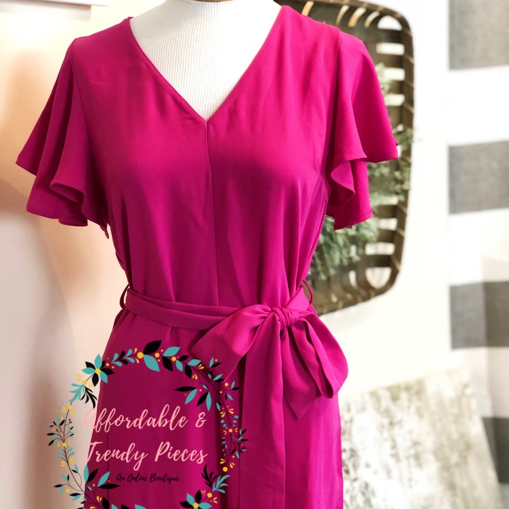 She And Sky Pink Romper + Zipper Back + Waist Tie